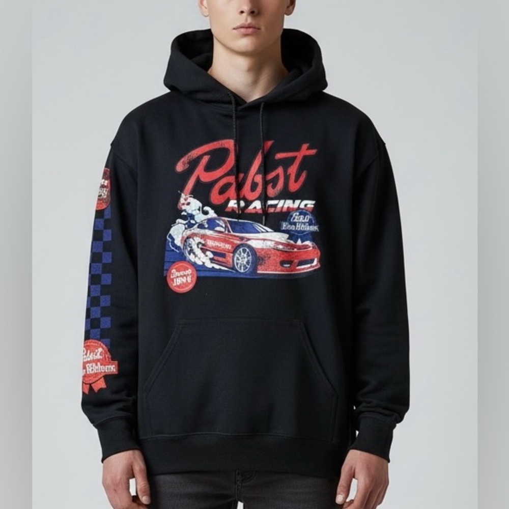Pabst Blue Ribbon PBR racing Black men’s Pullover Hoodie size‎ medium drawstring